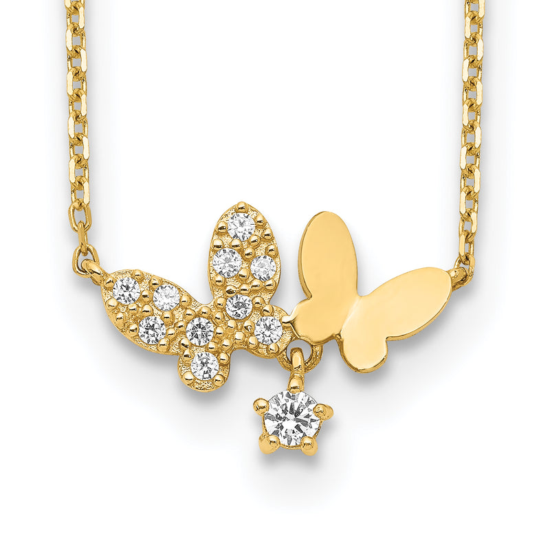 14K Yellow Gold Butterflies Cz With 2In Ext Necklace