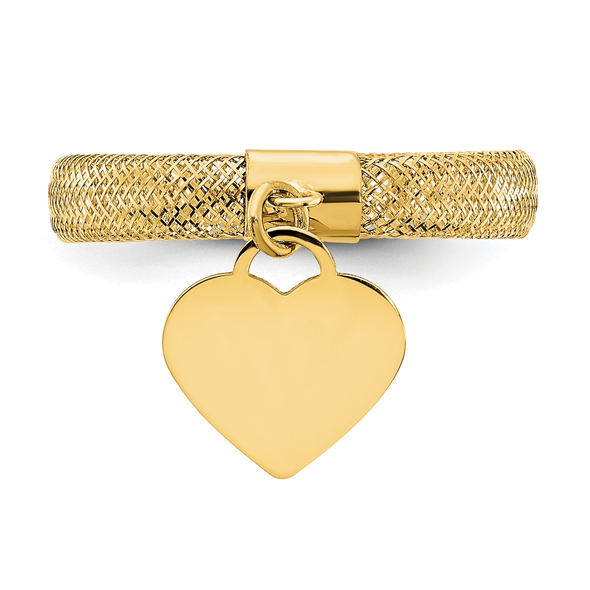 14K Yellow Gold Woven Mesh Stretch Polished Heart Charm Ring