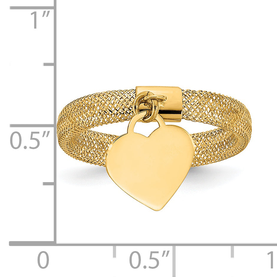 14K Yellow Gold Woven Mesh Stretch Polished Heart Charm Ring