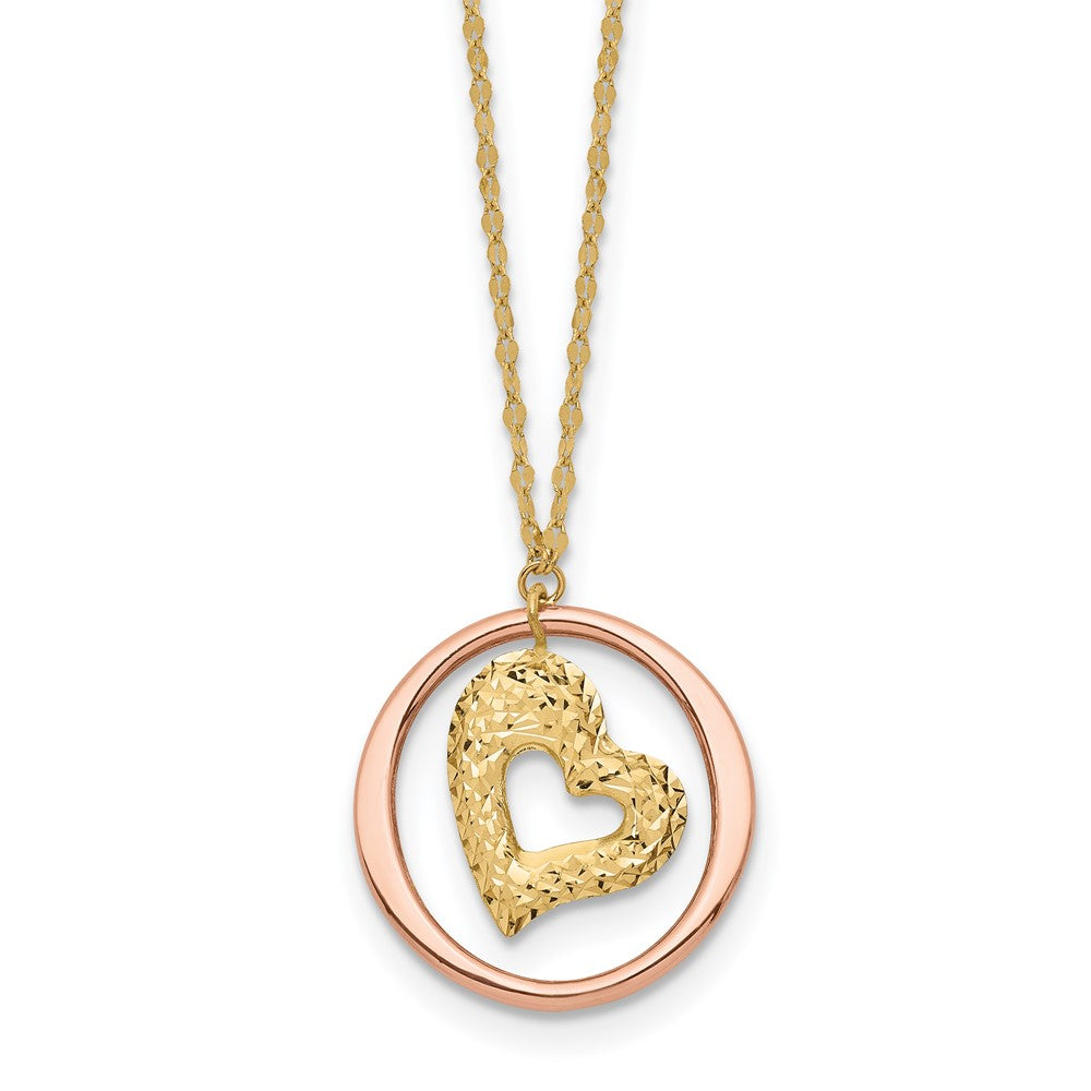 14K Two-Tone Two Tone Fancy Link D/C Heart In Open Circle Necklace