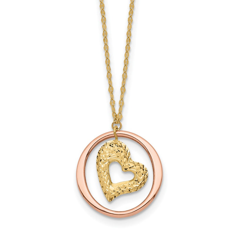 14K Two-Tone Two Tone Fancy Link D/C Heart In Open Circle Necklace