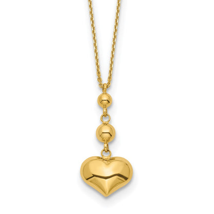 14K Yellow Gold Heart With Bead W/2 In Ext Necklace