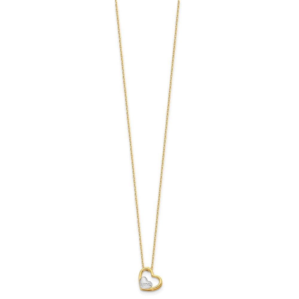 14K Yellow & Rhodium And White Brushed Polished Love Heart 17In Necklace