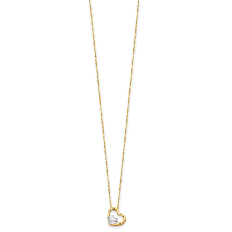 14K Yellow & Rhodium And White Brushed Polished Love Heart 17In Necklace