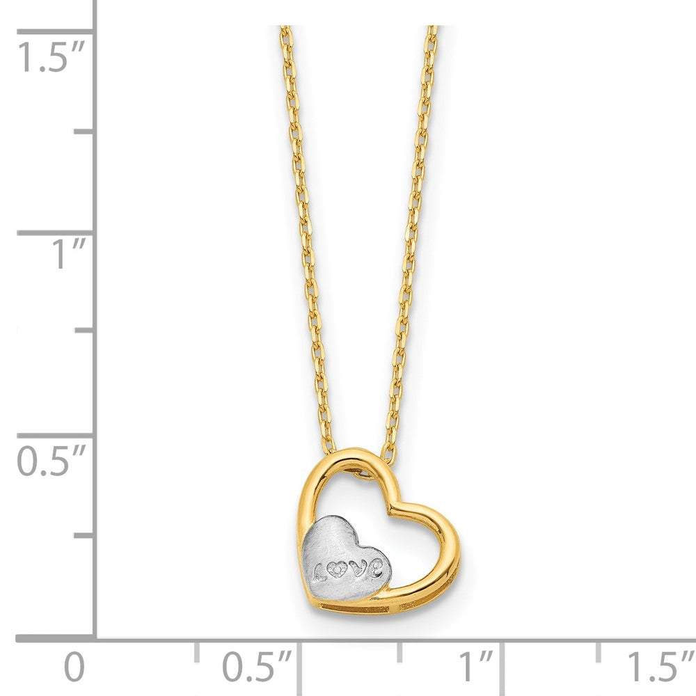 14K Yellow & Rhodium And White Brushed Polished Love Heart 17In Necklace