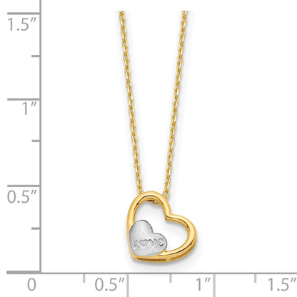 14K Yellow & Rhodium And White Brushed Polished Love Heart 17In Necklace