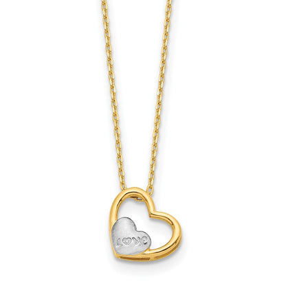 14K Yellow & Rhodium And White Brushed Polished Love Heart 17In Necklace