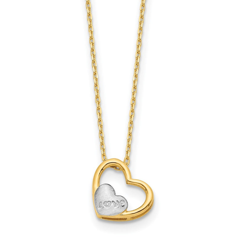 14K Yellow & Rhodium And White Brushed Polished Love Heart 17In Necklace