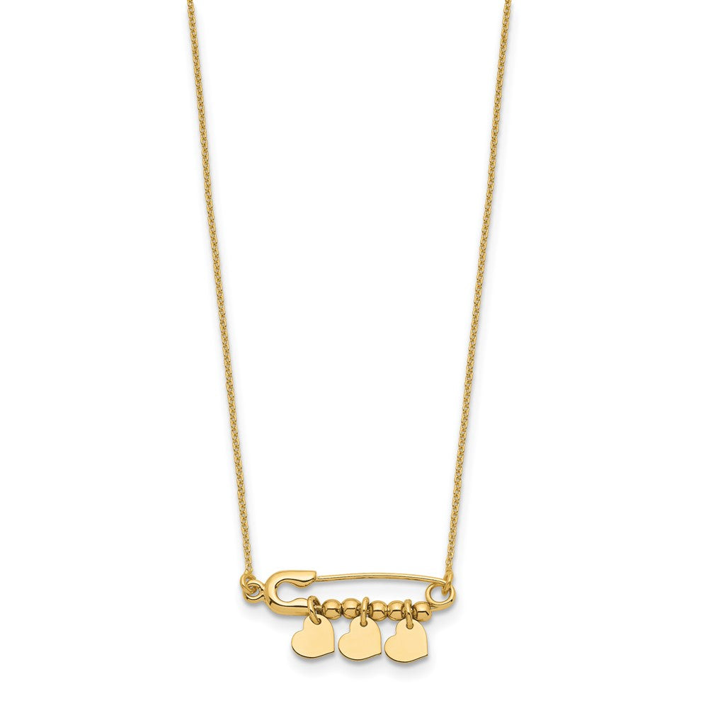 14K Yellow Gold Safety Pin With Dangle Hearts Necklace