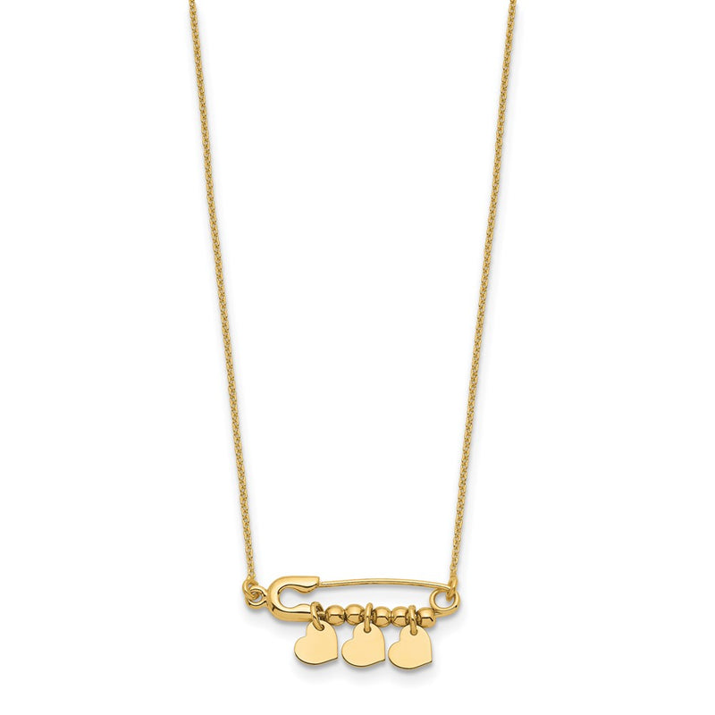 14K Yellow Gold Safety Pin With Dangle Hearts Necklace