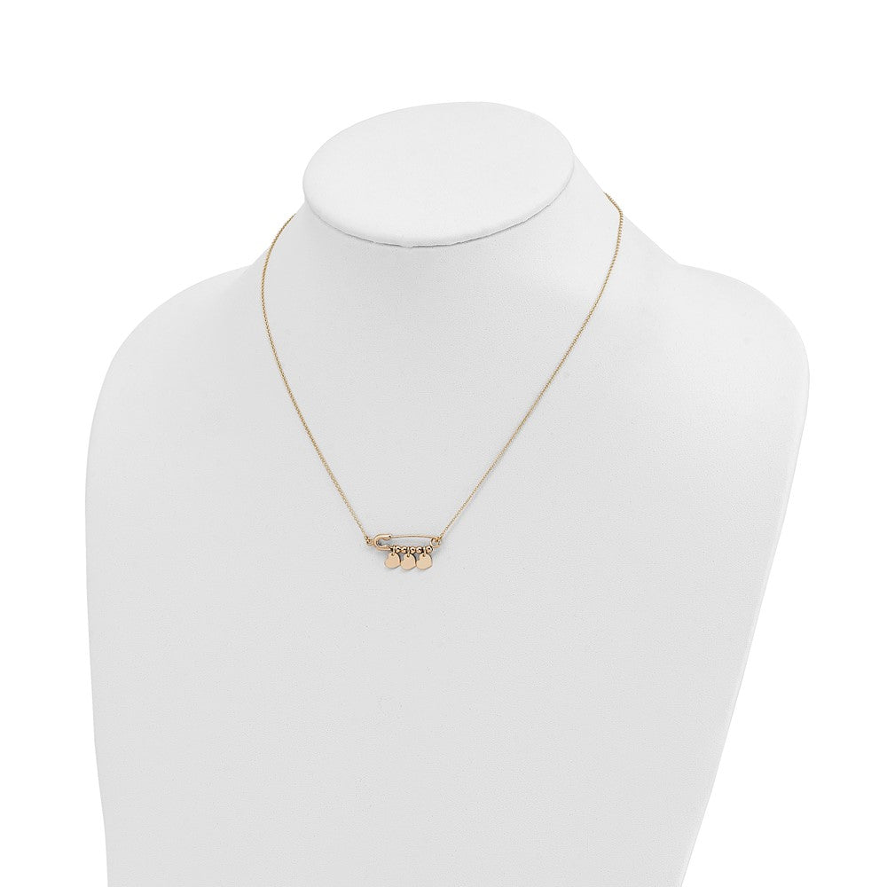 14K Yellow Gold Safety Pin With Dangle Hearts Necklace