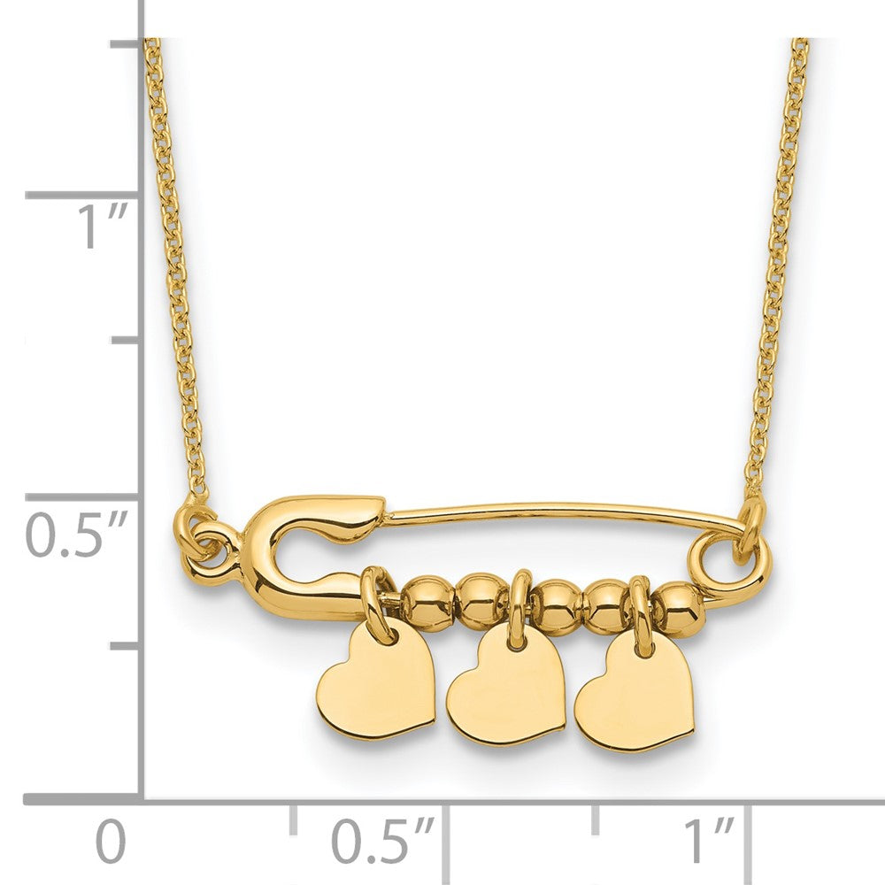 14K Yellow Gold Safety Pin With Dangle Hearts Necklace