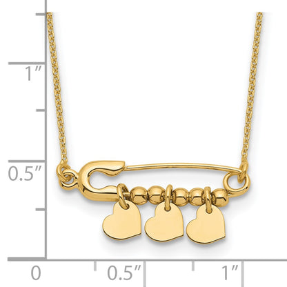 14K Yellow Gold Safety Pin With Dangle Hearts Necklace