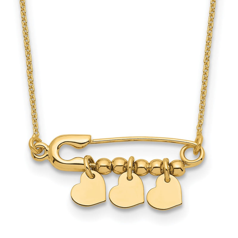 14K Yellow Gold Safety Pin With Dangle Hearts Necklace