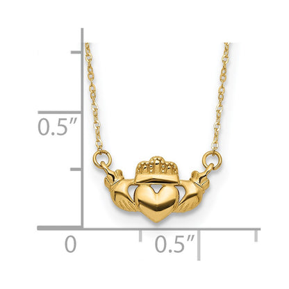 14K Yellow Gold Polished Claddagh 17 Inch Necklace