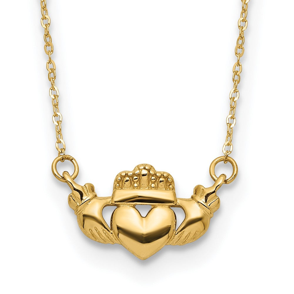 14K Yellow Gold Polished Claddagh 17 Inch Necklace
