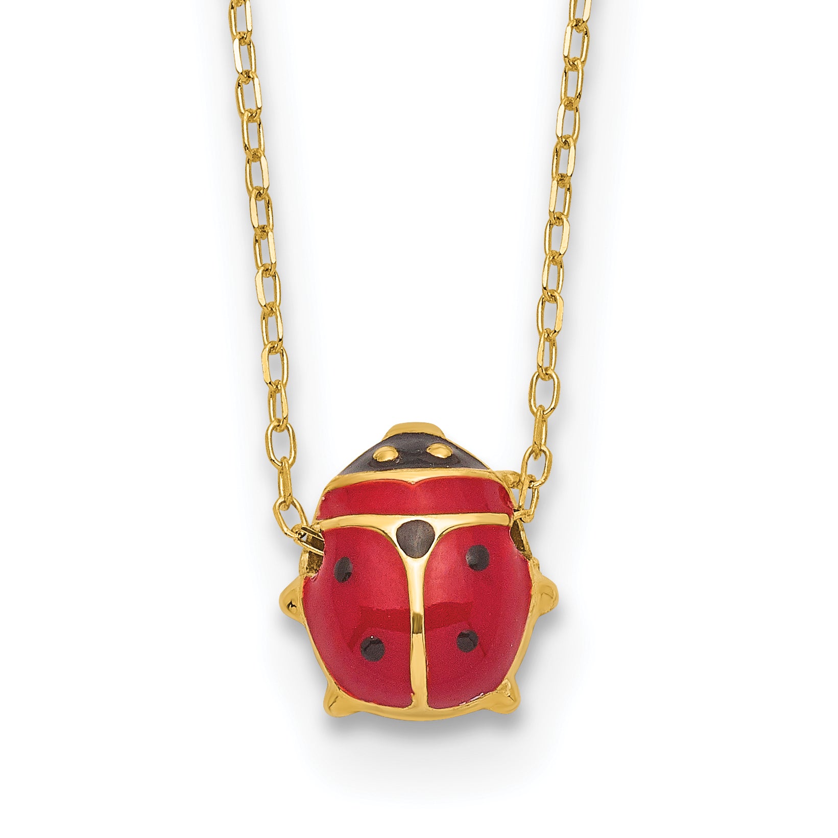 14K Yellow Gold Polished Enameled Large Ladybug 16.5In Necklace