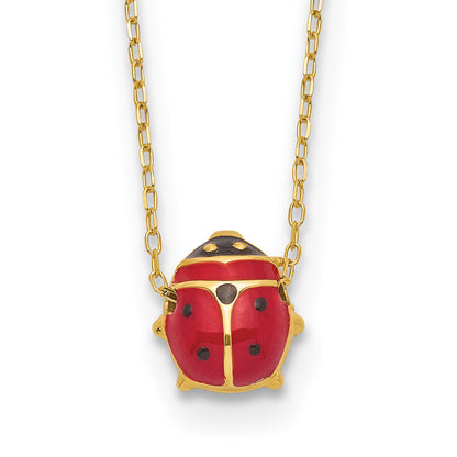14K Yellow Gold Polished Enameled Large Ladybug 16.5In Necklace