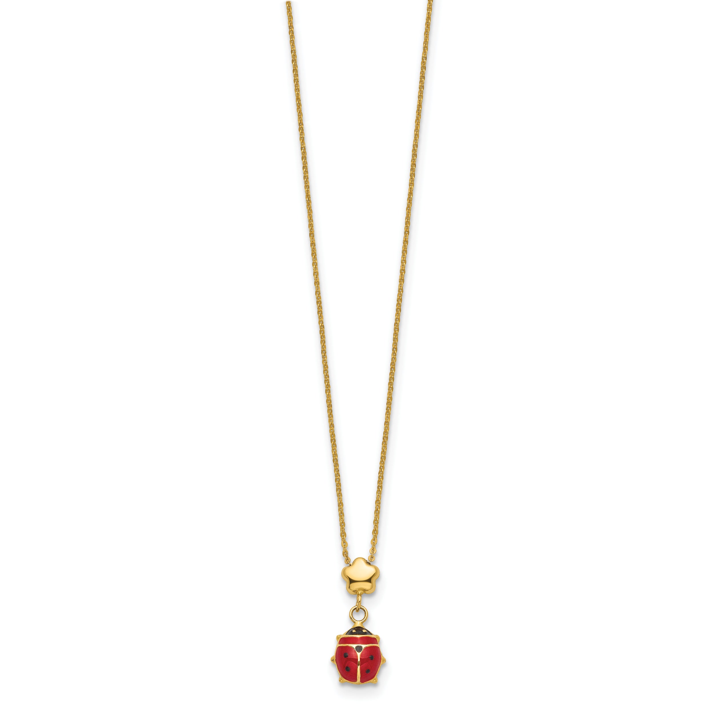 14K Yellow Gold Polished Enameled Flower With Ladybug 16.5In Necklace