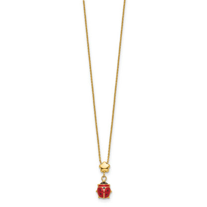 14K Yellow Gold Polished Enameled Flower With Ladybug 16.5In Necklace