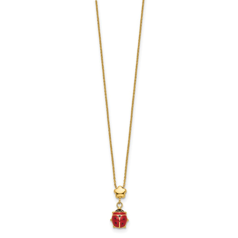 14K Yellow Gold Polished Enameled Flower With Ladybug 16.5In Necklace
