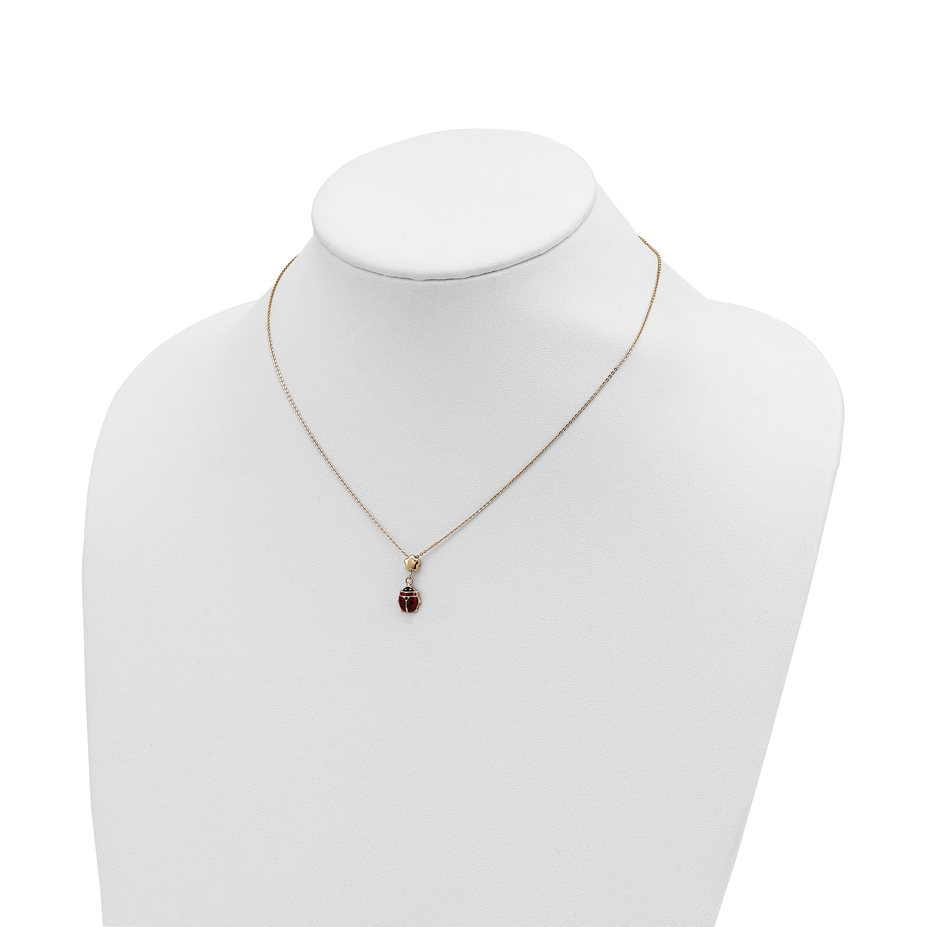 14K Yellow Gold Polished Enameled Flower With Ladybug 16.5In Necklace