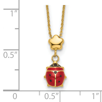 14K Yellow Gold Polished Enameled Flower With Ladybug 16.5In Necklace