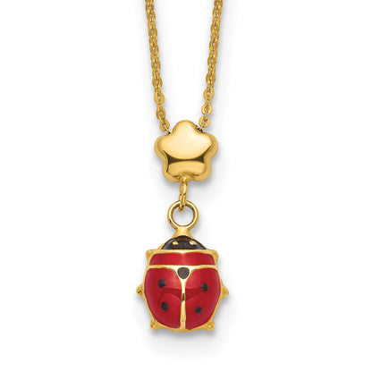 14K Yellow Gold Polished Enameled Flower With Ladybug 16.5In Necklace