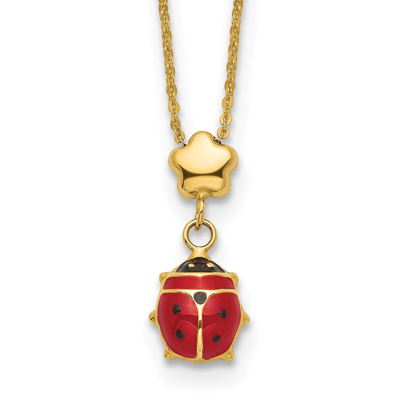 14K Yellow Gold Polished Enameled Flower With Ladybug 16.5In Necklace