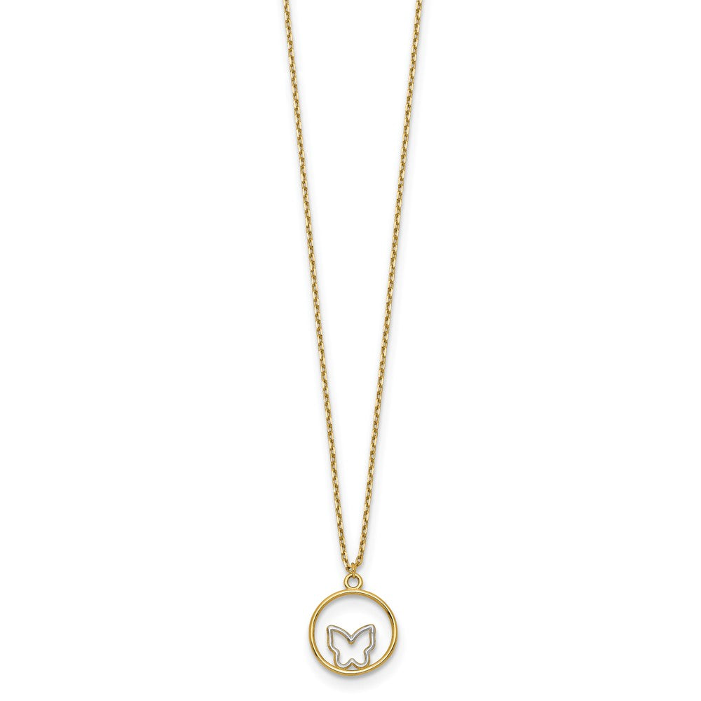 14K Yellow & Rhodium W/Rhodium Butterfly In Circle Necklace