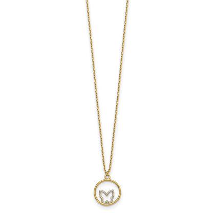 14K Yellow & Rhodium W/Rhodium Butterfly In Circle Necklace