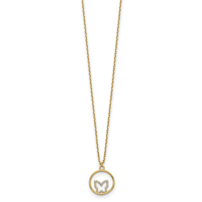 14K Yellow & Rhodium W/Rhodium Butterfly In Circle Necklace