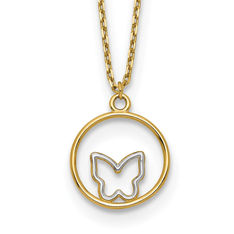 14K Yellow & Rhodium W/Rhodium Butterfly In Circle Necklace