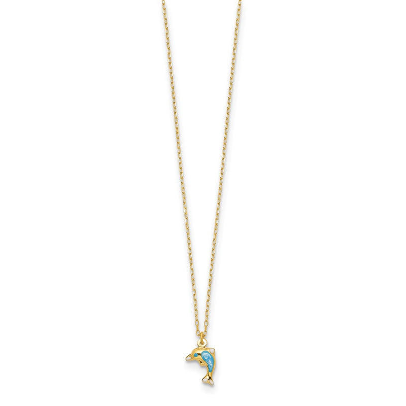 14K Yellow Gold Polished Enameled Dolphin 16.5In Necklace