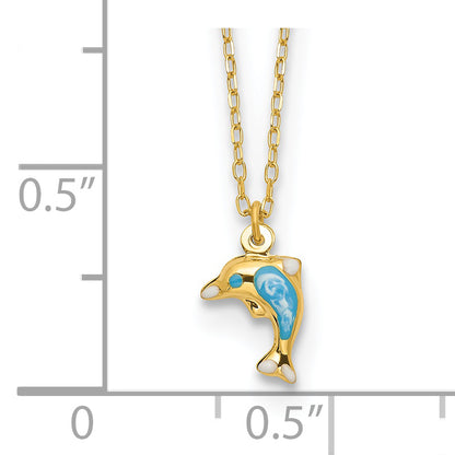 14K Yellow Gold Polished Enameled Dolphin 16.5In Necklace