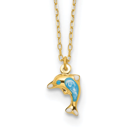 14K Yellow Gold Polished Enameled Dolphin 16.5In Necklace