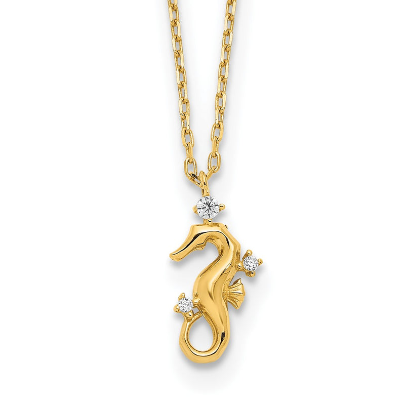 14K Yellow Gold Polished Cz Seahorse W/1.25 In Ext Necklace