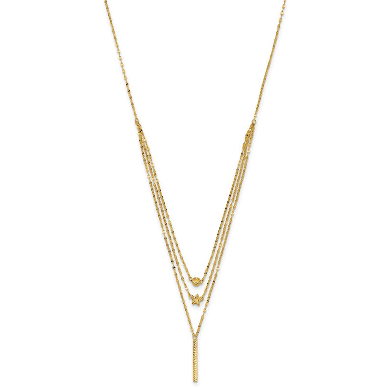 14K Yellow Gold Three Layer D/C Bead/Star/Bar Necklace