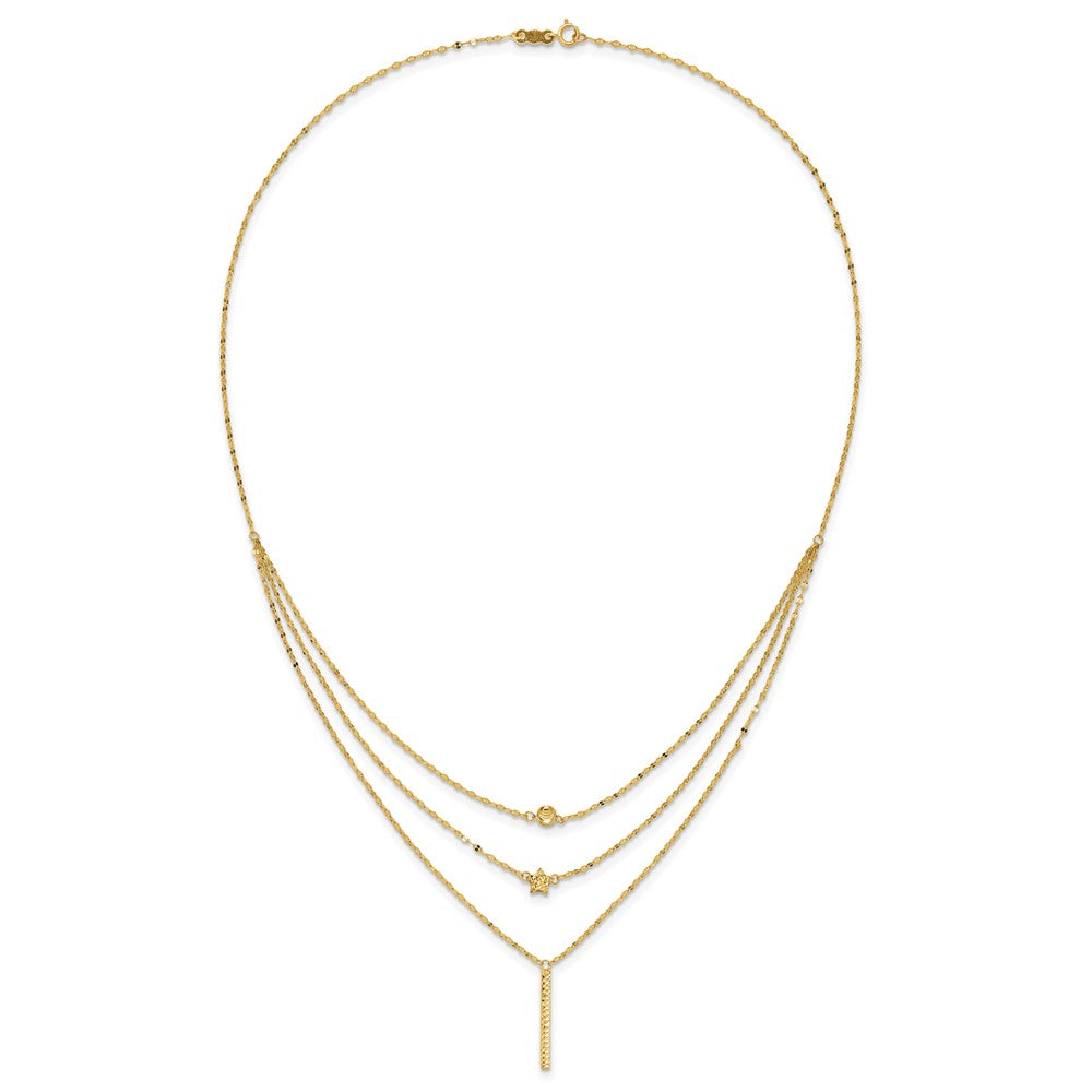 14K Yellow Gold Three Layer D/C Bead/Star/Bar Necklace