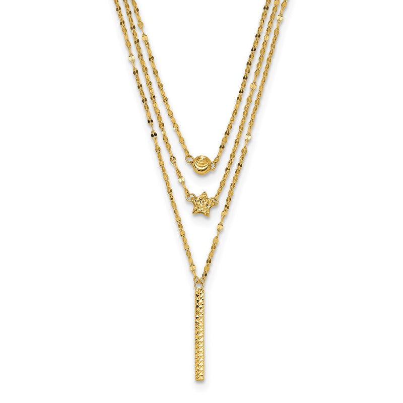 14K Yellow Gold Three Layer D/C Bead/Star/Bar Necklace