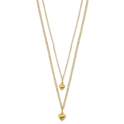 14K Yellow Gold Double Layer Heart Link Polished Hearts 2 In Ext. Necklace