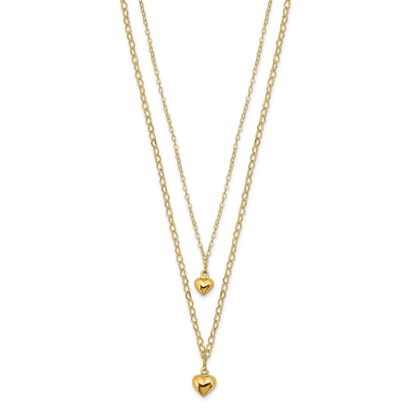 14K Yellow Gold Double Layer Heart Link Polished Hearts 2 In Ext. Necklace