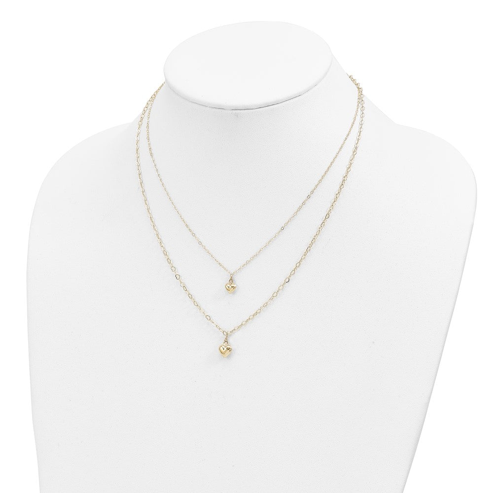 14K Yellow Gold Double Layer Heart Link Polished Hearts 2 In Ext. Necklace