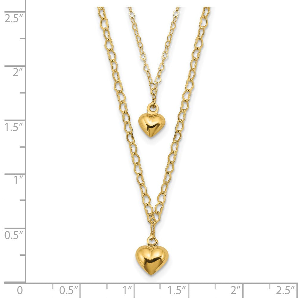 14K Yellow Gold Double Layer Heart Link Polished Hearts 2 In Ext. Necklace