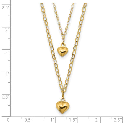 14K Yellow Gold Double Layer Heart Link Polished Hearts 2 In Ext. Necklace