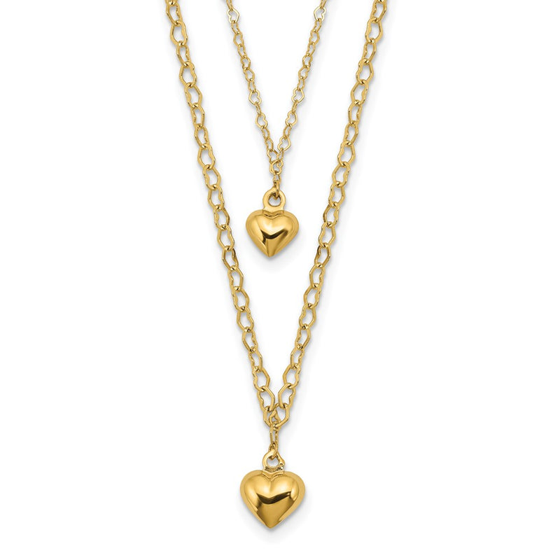 14K Yellow Gold Double Layer Heart Link Polished Hearts 2 In Ext. Necklace