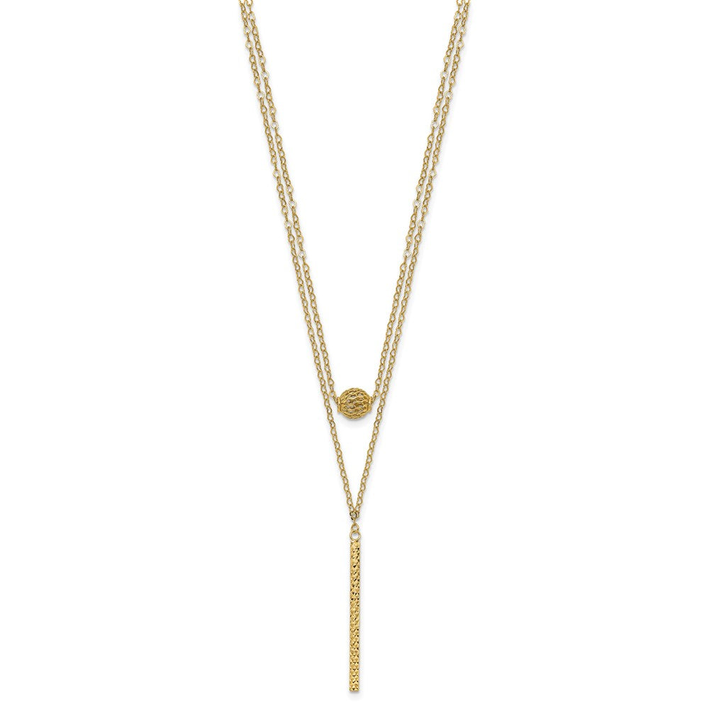 14K Yellow Gold Double Layer Hollow Bead D/C Bar 2 In Necklace