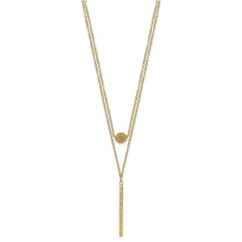 14K Yellow Gold Double Layer Hollow Bead D/C Bar 2 In Necklace