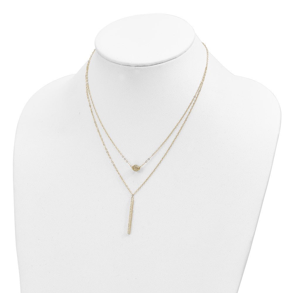 14K Yellow Gold Double Layer Hollow Bead D/C Bar 2 In Necklace
