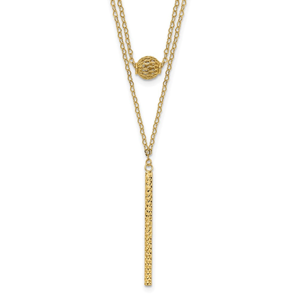 14K Yellow Gold Double Layer Hollow Bead D/C Bar 2 In Necklace